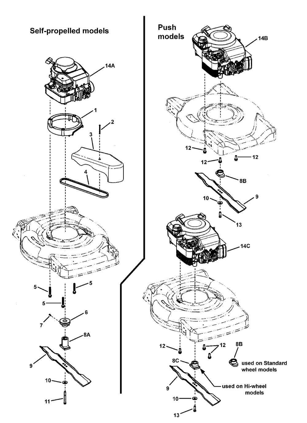 Engine, Blade And Front Cover Diagram and Parts List for 7800243-NMP22675HW 2008 Briggs and Stratton Lawn Mower